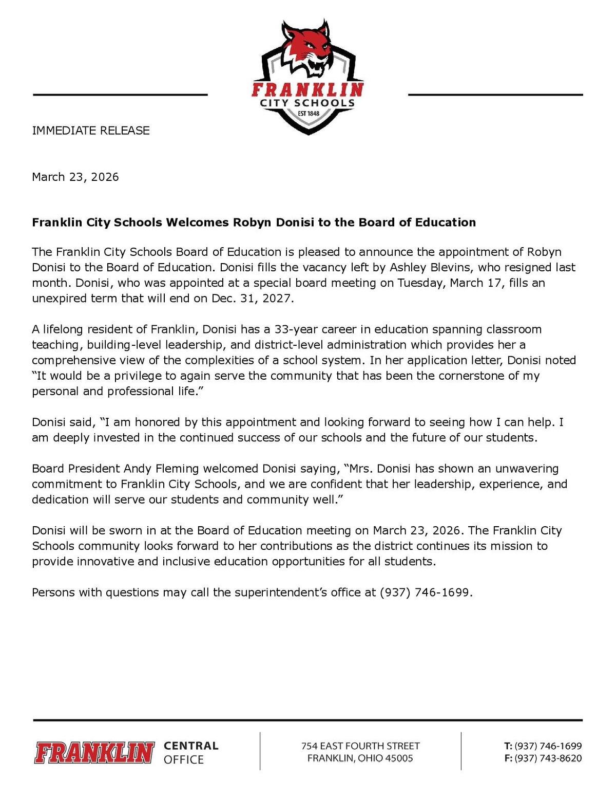 Press release about Robyn Donisi being named to the FCS Board of Education